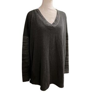 St. Johns Bay Womens XXL V-Neck Sweater Gray & Black Stripe Polyester Blend